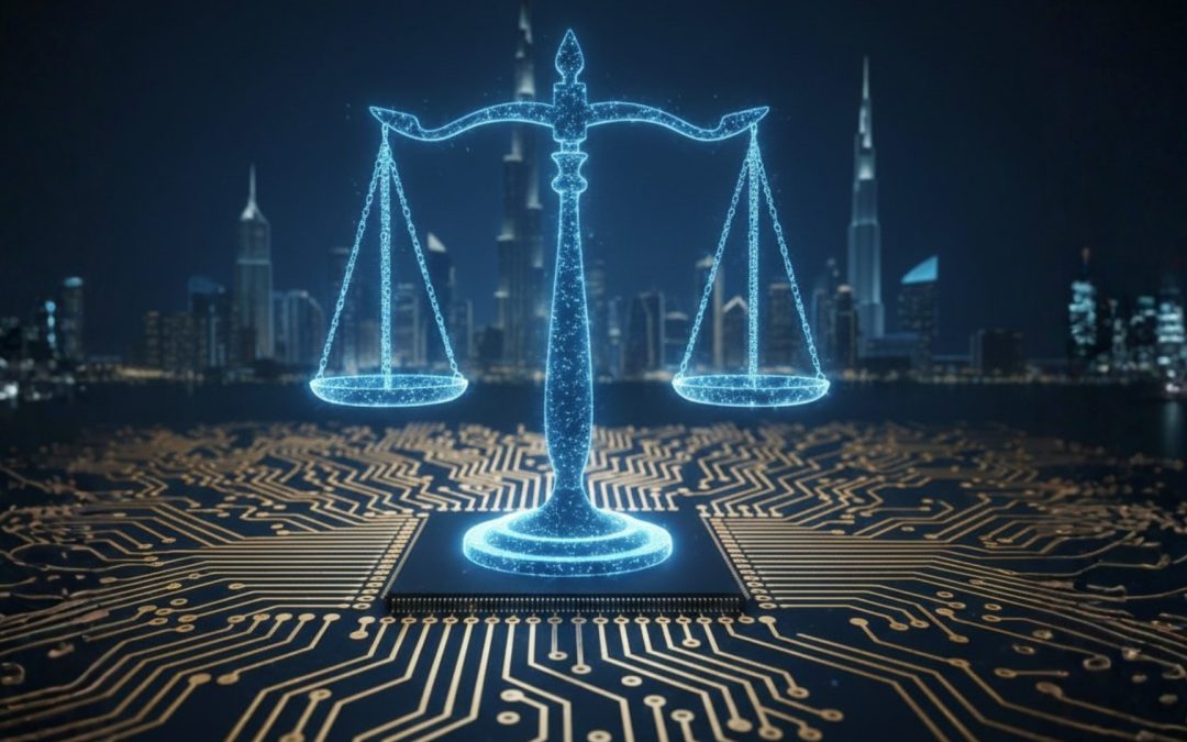 تصميم يرمز لتكامل الذكاء الاصطناعي مع ميزان العدالة في سياق القانون الإماراتي.